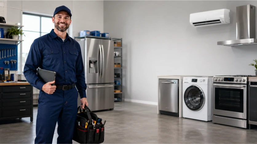 Appliance repair technician holding a tablet and tool bag, standing in a shop with a refrigerator, wall-mounted AC unit, dishwasher, washing machine, and oven in the background.