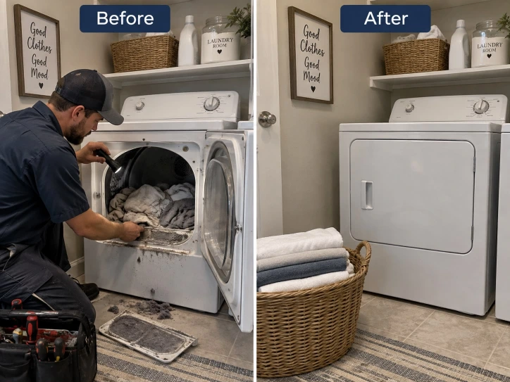 Before and after photos of a dryer repair: a technician clearing debris from an open dryer, and the same dryer afterward, closed with a basket of folded laundry nearby.