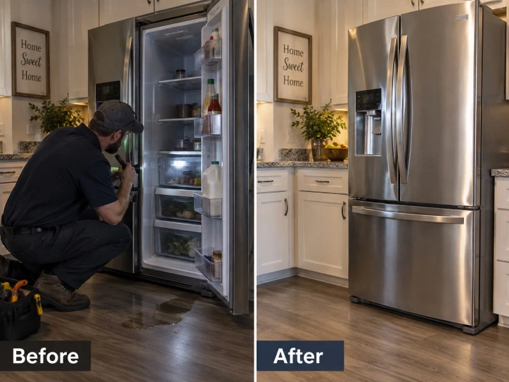 Before and after photos of a refrigerator repair: a technician working inside an open stainless steel refrigerator, and the same refrigerator afterward, closed in a clean kitchen.