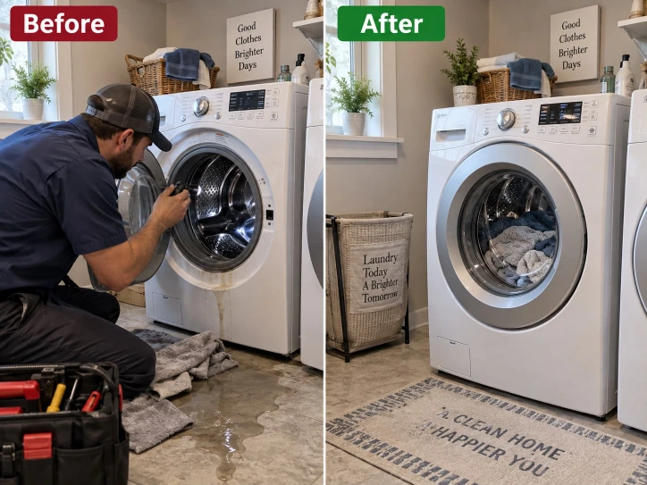 Before and after photos of a washing machine repair: a technician working on an open front-load washer with water on the floor, and the same washer afterward, running with laundry inside.