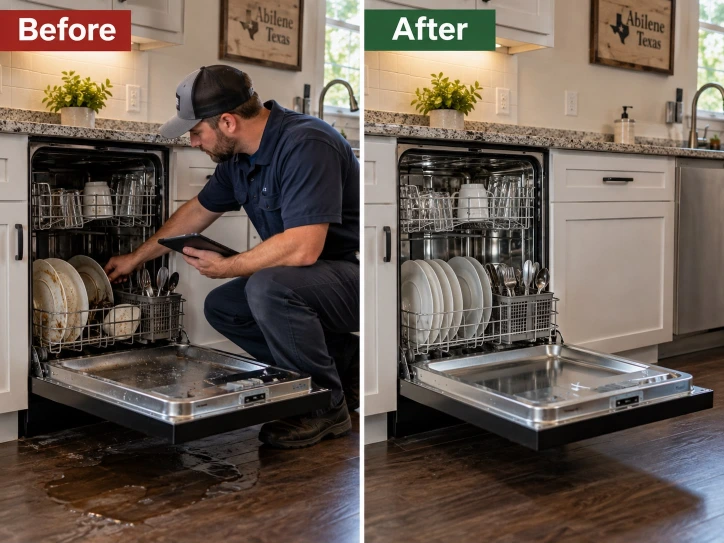 Before and after photos of a dishwasher repair: a technician working on an open dishwasher with water on the floor, and the same dishwasher afterward, clean and closed.