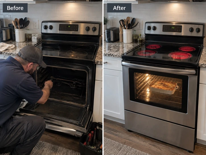 Before and after photos of an oven and stove repair: a technician working inside an open oven, and the same oven and stovetop afterward, in use with the burners on.